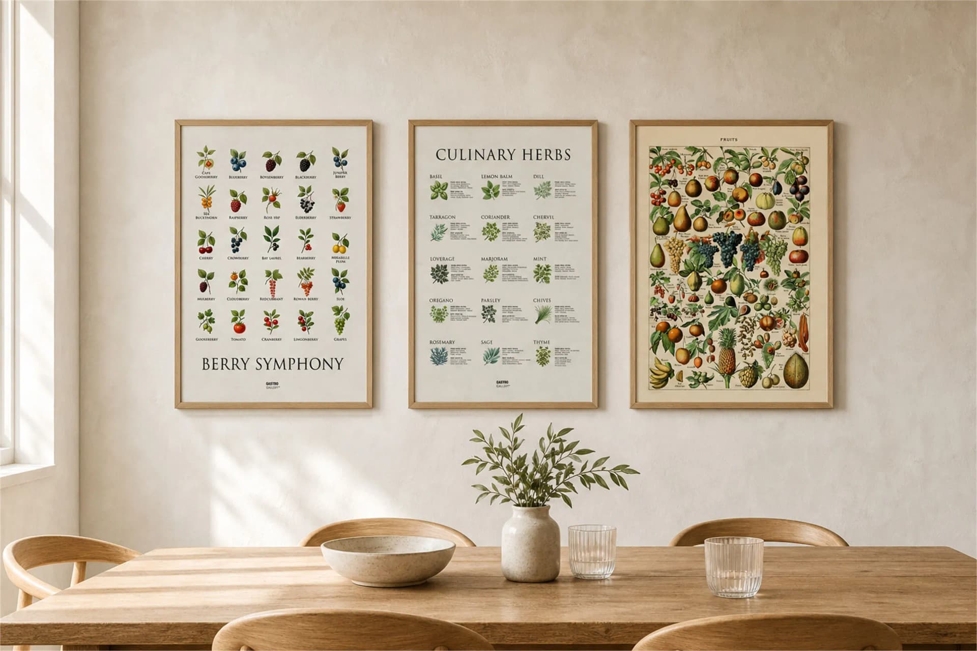 Berry Symphony, Culinary Herbs and Fruits prints framed in oak above a dining table