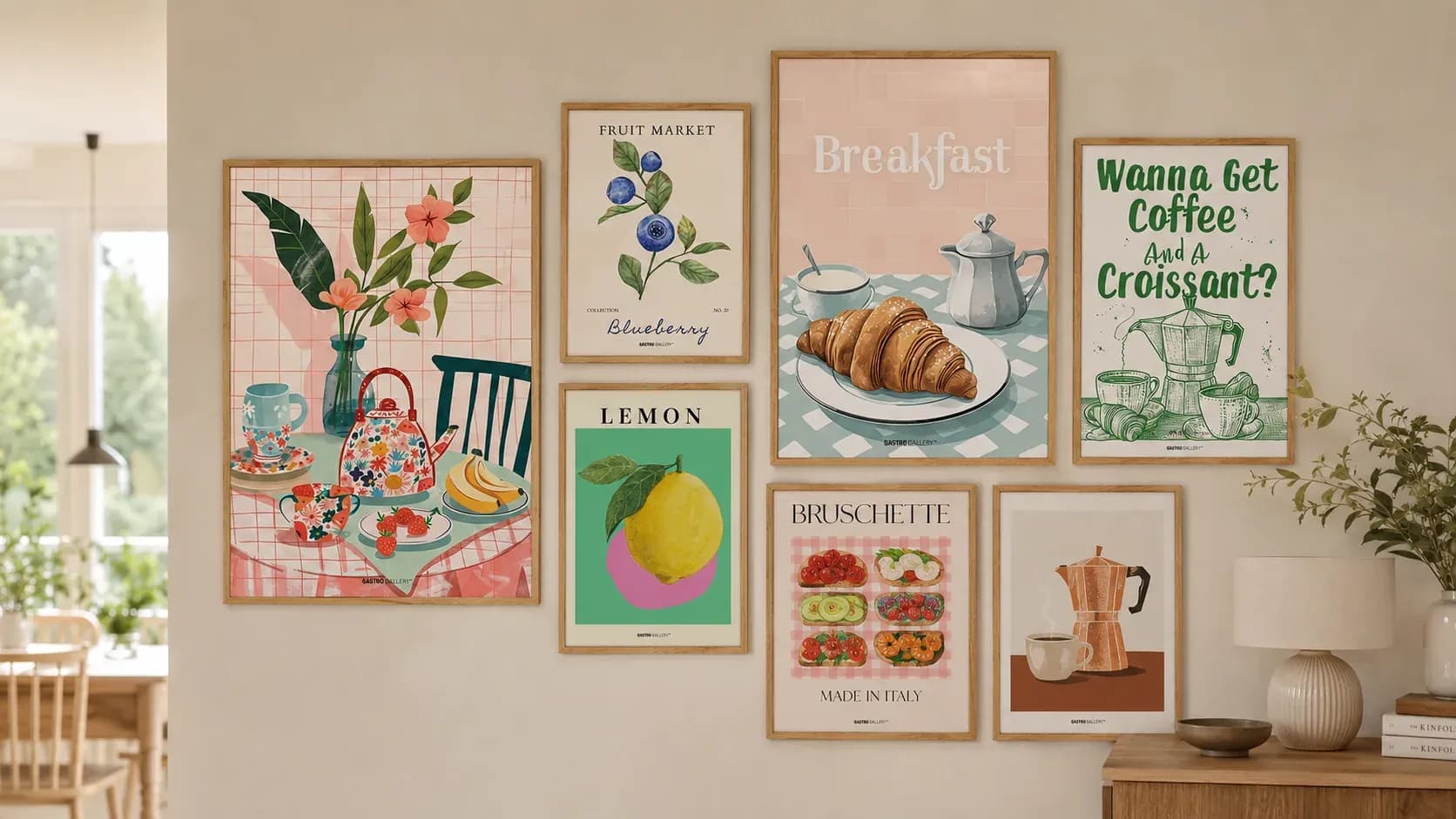 A gallery wall of eight food prints in matching oak frames