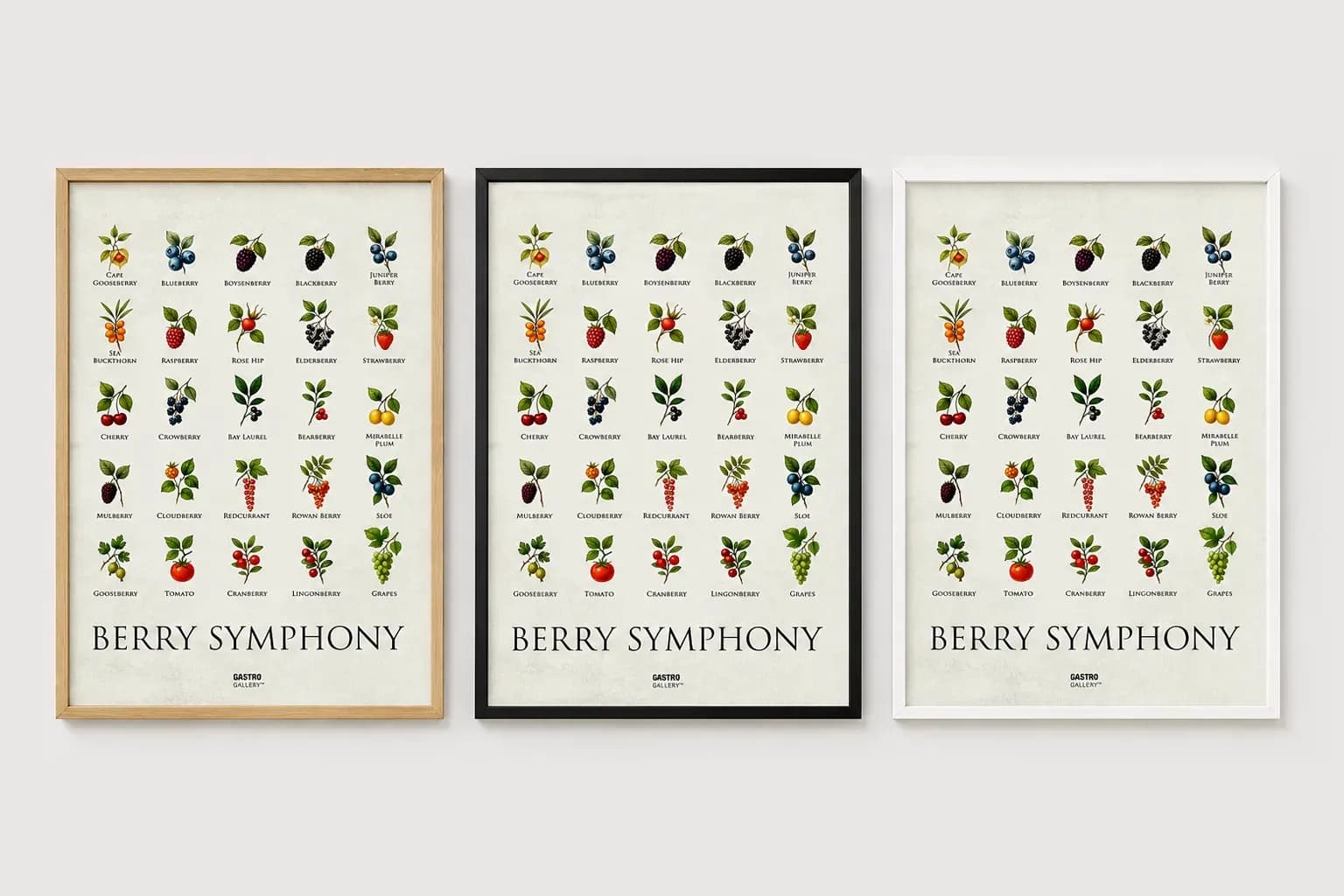 The same poster shown in an oak, a black and a white frame