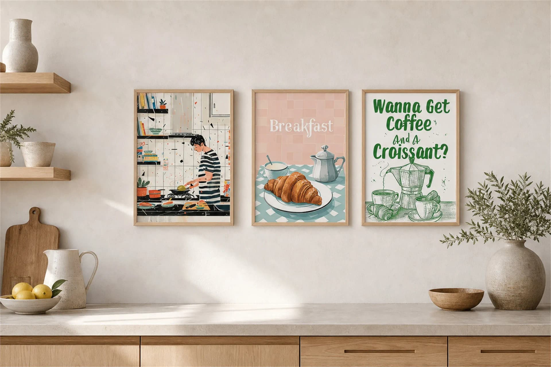 Three framed kitchen art prints hanging above a kitchen counter in warm daylight